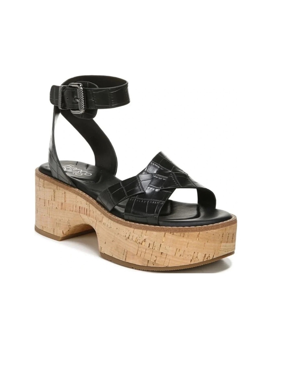 New Franco Sarto Sabello Platform Sandal cork Croc Embossed black animal print